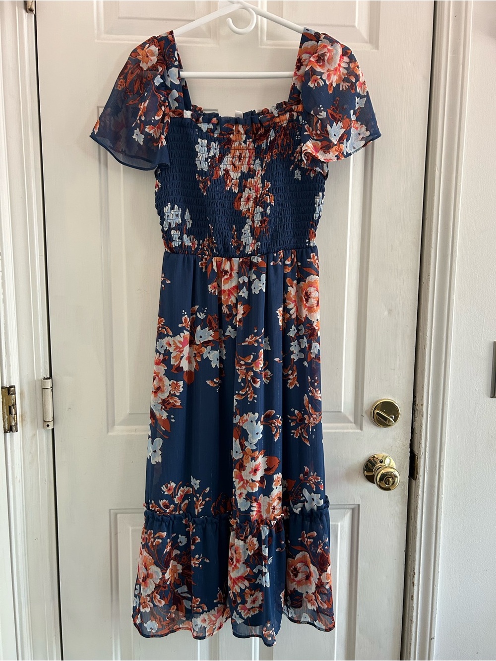 LC Lauren Conrad Navy Floral Smocked Top with Coral Accents